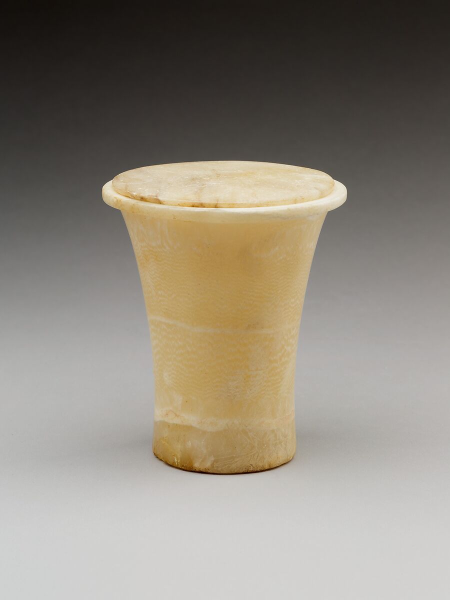 Cylindrical unguent vase with a lid, Travertine (Egyptian alabaster)