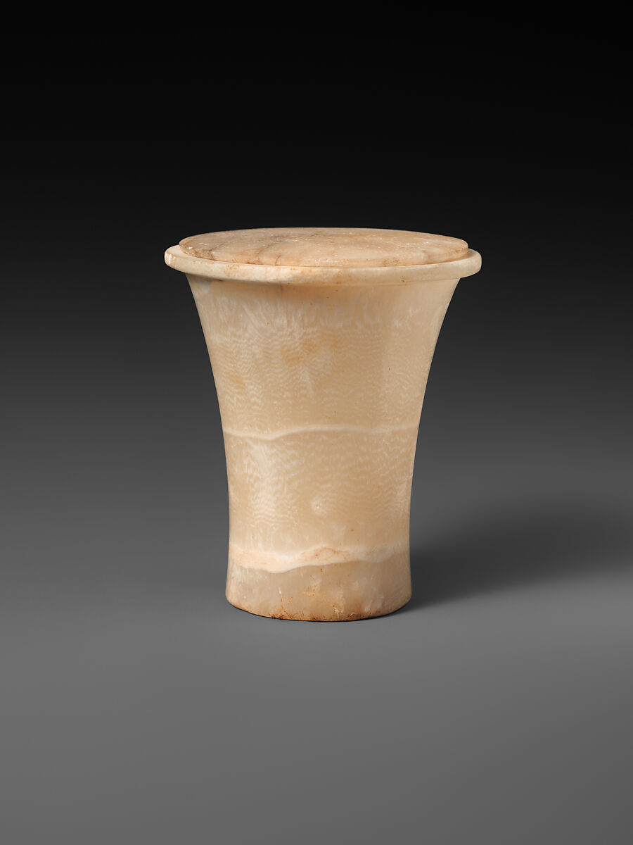 Cylindrical unguent vase with a lid, Travertine (Egyptian alabaster) 