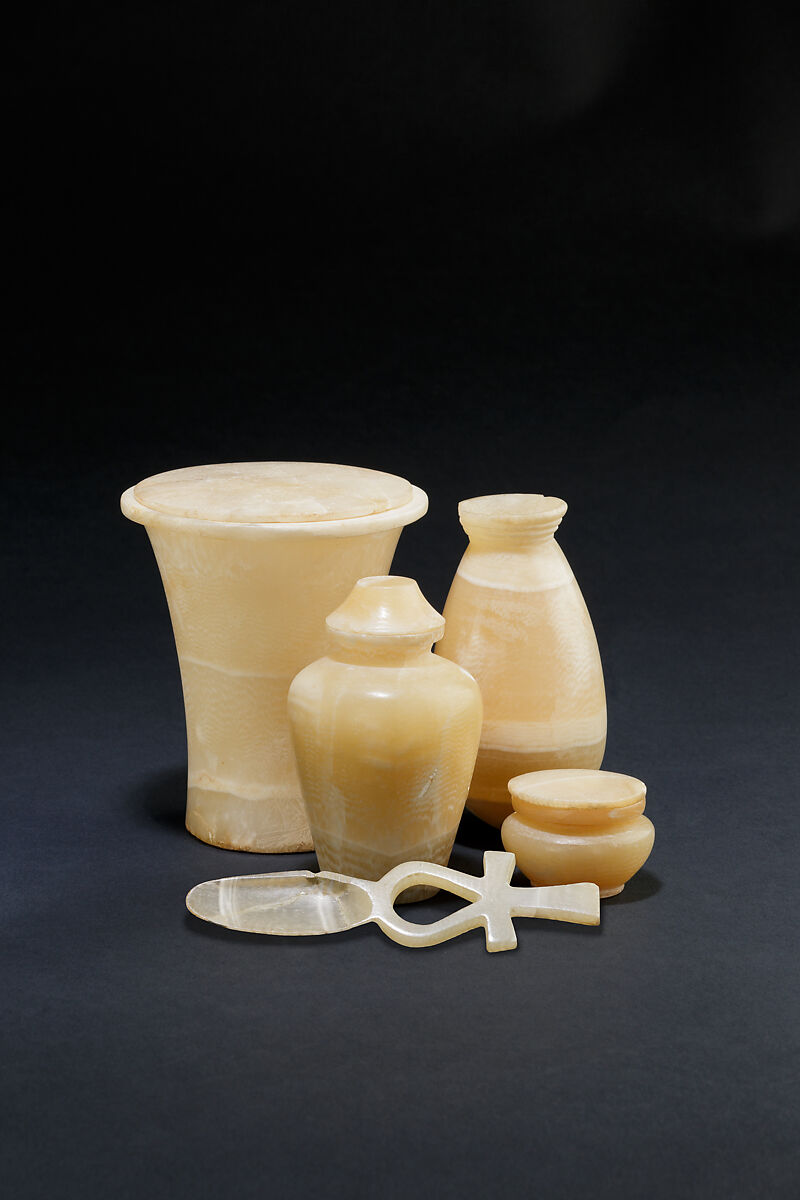 Bag-shaped jar with ridged neck, Travertine (Egyptian alabaster)