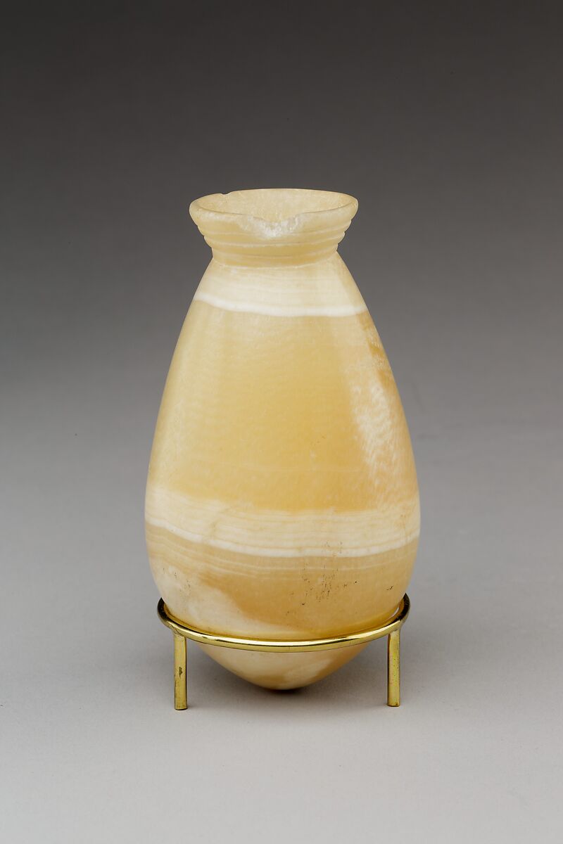 Bag-shaped jar with ridged neck, Travertine (Egyptian alabaster)