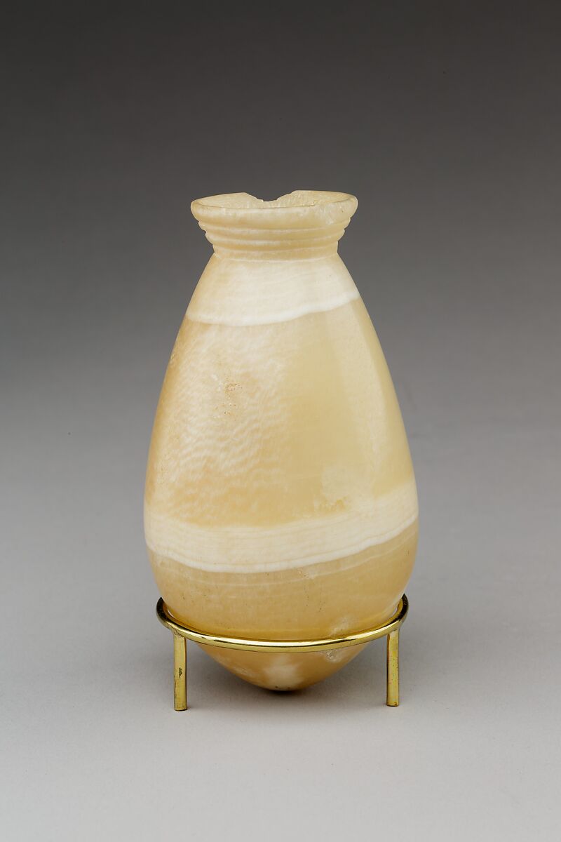 Bag-shaped jar with ridged neck, Travertine (Egyptian alabaster)