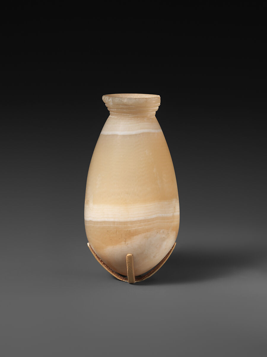 Bag-shaped jar with ridged neck, Travertine (Egyptian alabaster) 