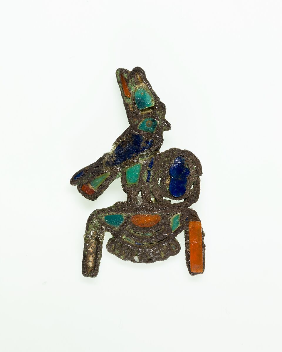 Jewelry element representing a falcon wearing a double crown, Silver,  lapis lazuli,  carnelian, turquoise