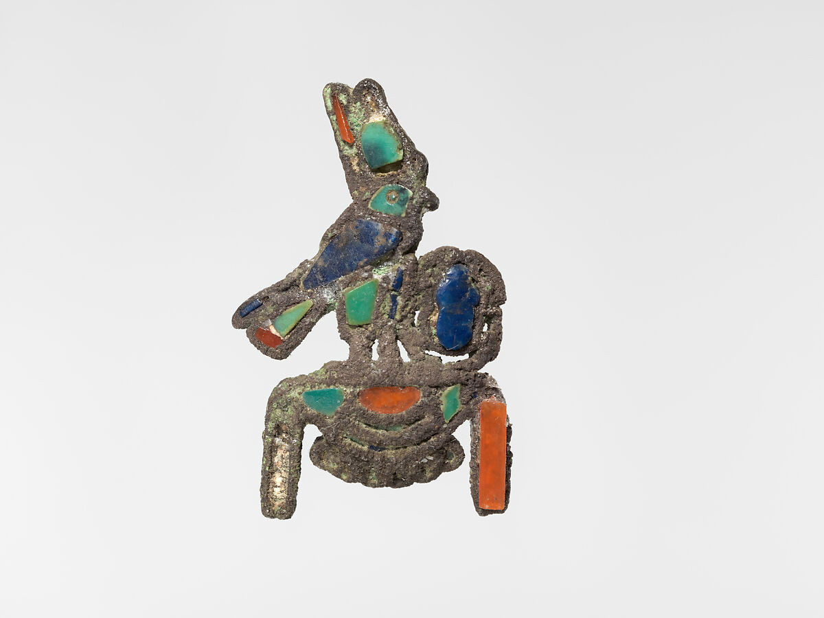 Jewelry element representing a falcon wearing a double crown, Silver,  lapis lazuli,  carnelian, turquoise 