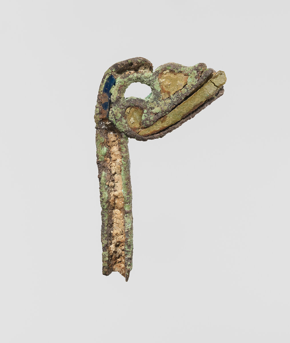 Papyrus plant bent to the right that is an element from a pectoral, Silver and faience 
