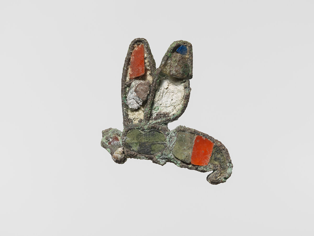 Bee facing to left that is an element from a pectoral, Silver, carnelian, and faience 