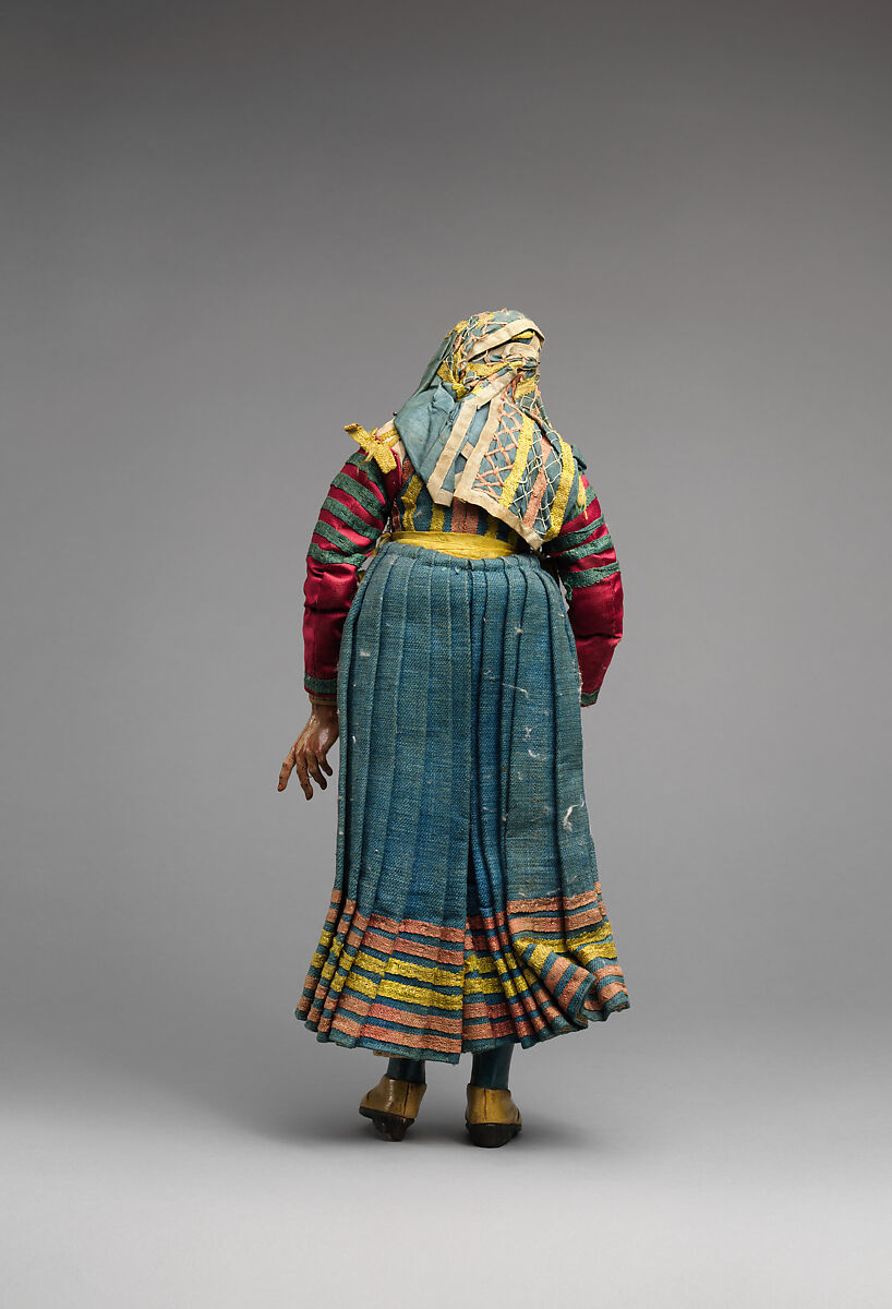 Old woman in blue dress and various color apron, Mixed media, Italian