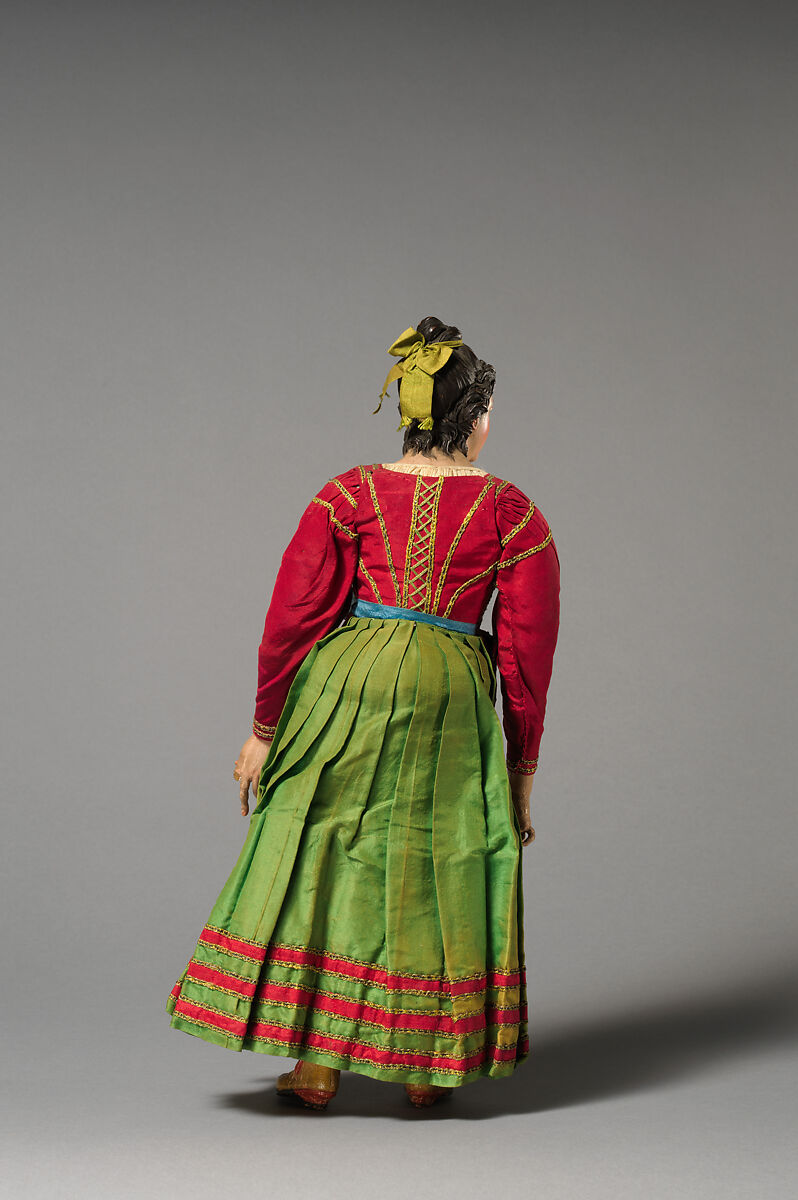 Young woman looking up in red top, green skirt, cream apron, Mixed media, Italian