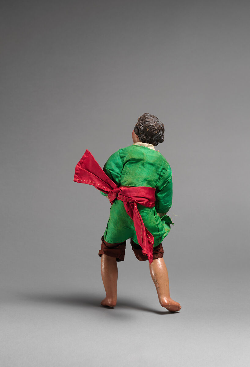 Boy in green shirt, brown pants, red sash, Mixed media, Italian