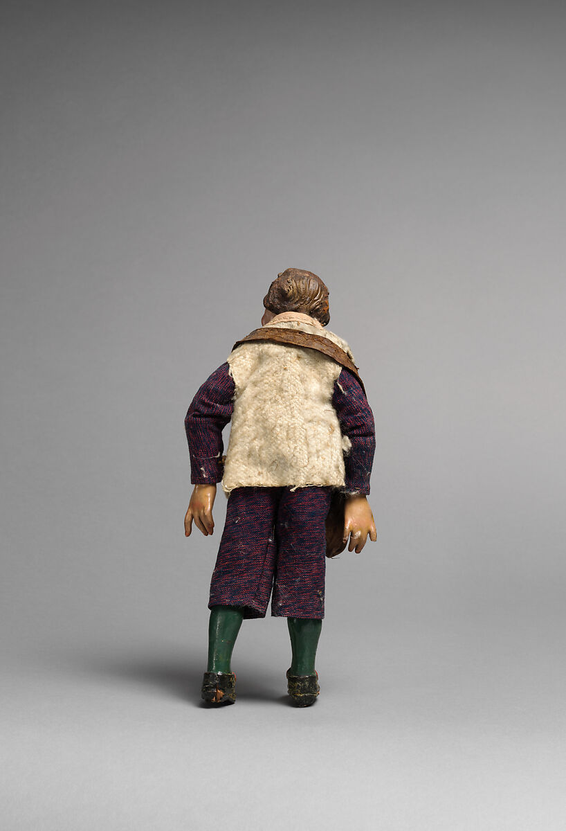 Small man with white furry vest, blue/purple suit, green painted leggings, Mixed media, Italian