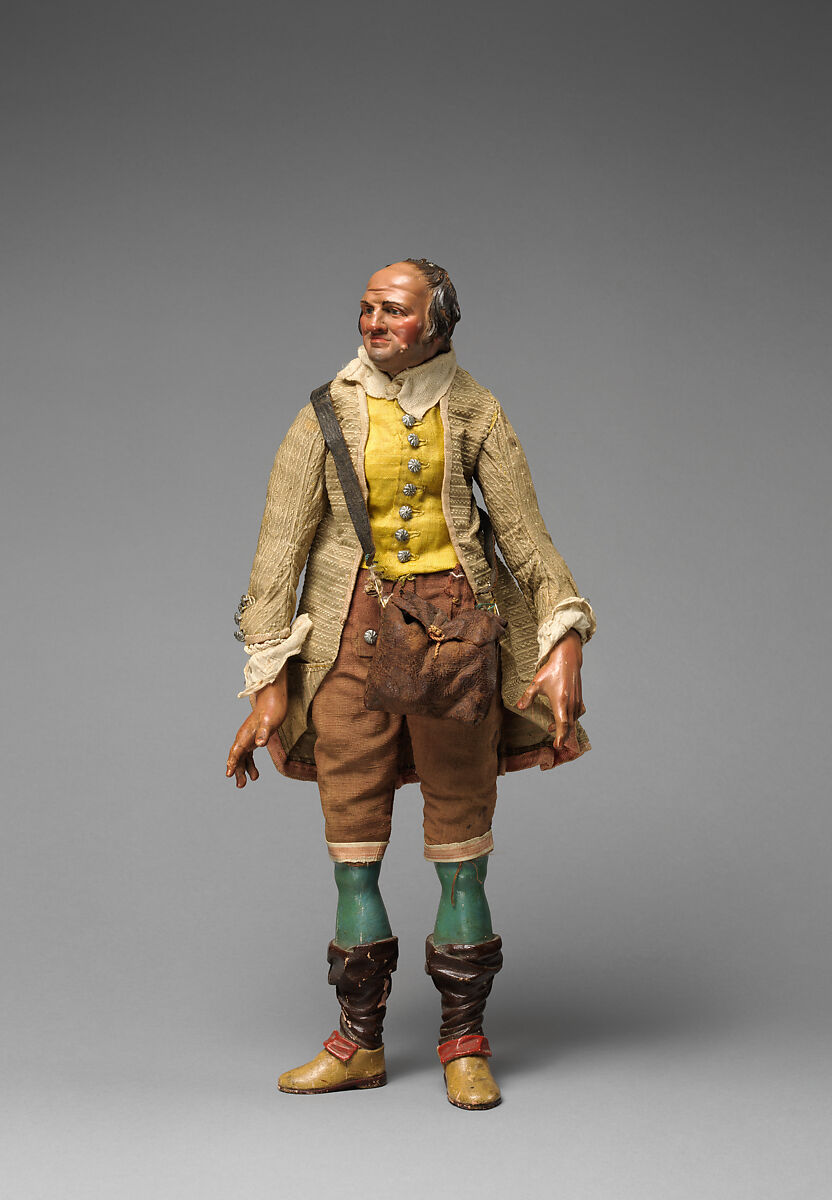 Gentleman with yellow vest, tan/maroon knickers, beige coat, falling down stockings over blue legs, and shoulder bag, Mixed media, Italian 