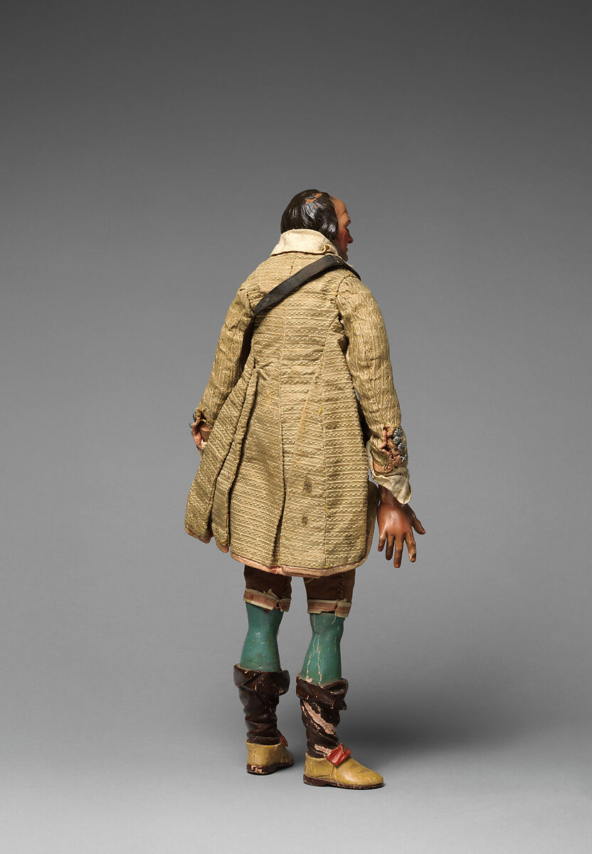 Gentleman with yellow vest, tan/maroon knickers, beige coat, falling down stockings over blue legs, and shoulder bag, Mixed media, Italian