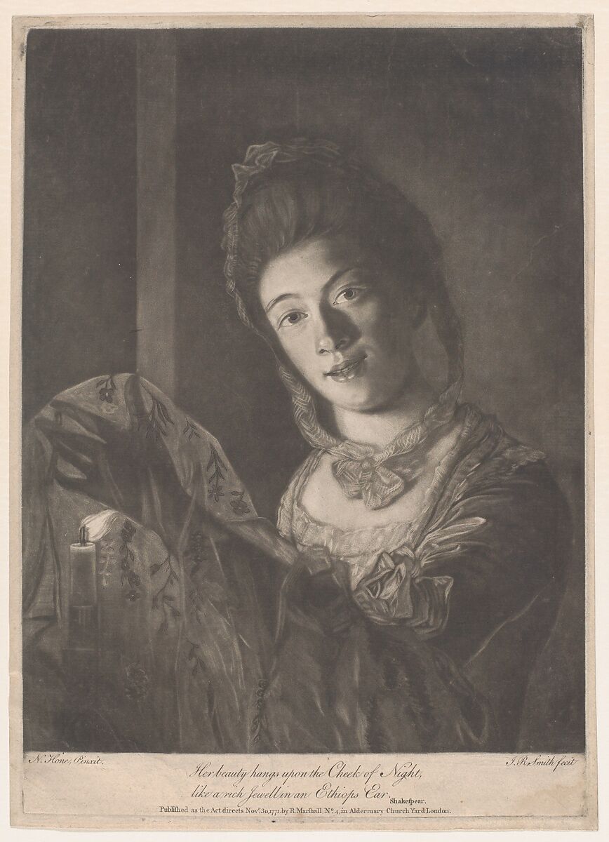 Miss Lydia Hone – "Her beauty hangs on the Cheek of Night, like a rich Jewel in an Ethiop's Ear", John Raphael Smith (British, baptized Derby 1751–1812 Doncaster), Mezzotint; third state of three 