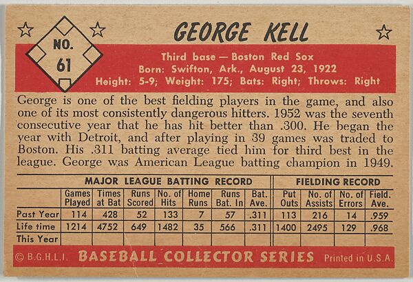 George Kell, 3rd Base, Boston Red Sox, from Collector Series, Colors set, series 7 (R406-7) issued by Bowman Gum, Issued by Bowman Gum Company, Commercial color lithograph