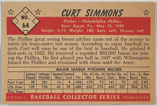 Curt Simmons, Pitcher, Philadelphia Phillies, from Collector Series, Colors set, series 7 (R406-7) issued by Bowman Gum, Issued by Bowman Gum Company, Commercial color lithograph