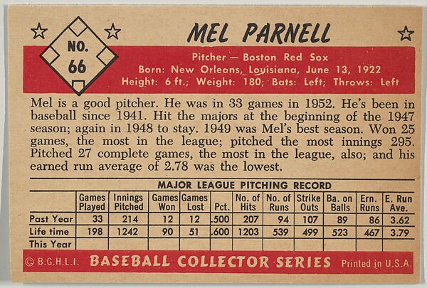 Mel Parnell, Pitcher, Boston Red Sox, from Collector Series, Colors set, series 7 (R406-7) issued by Bowman Gum, Issued by Bowman Gum Company, Commercial color lithograph