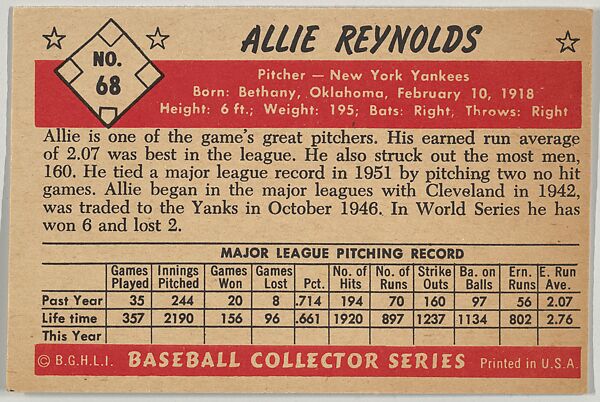 Allie Reynolds, Pitcher, New York Yankees, from Collector Series, Colors set, series 7 (R406-7) issued by Bowman Gum, Issued by Bowman Gum Company, Commercial color lithograph