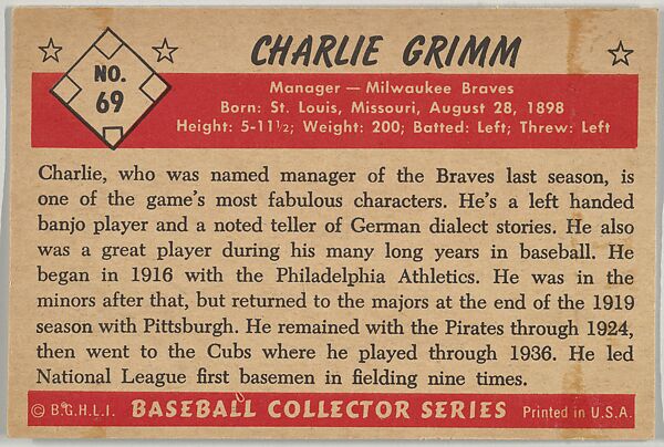 Charlie Grimm, Manager, Milwaukee Braves, from Collector Series, Colors set, series 7 (R406-7) issued by Bowman Gum, Issued by Bowman Gum Company, Commercial color lithograph