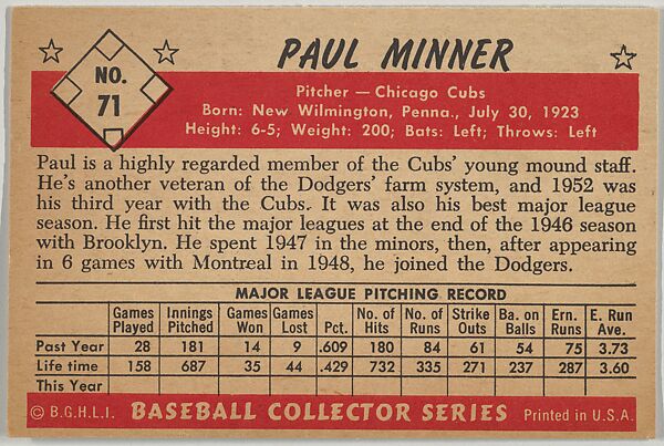 Paul Minner, Pitcher, Chicago Cubs, from Collector Series, Colors set, series 7 (R406-7) issued by Bowman Gum, Issued by Bowman Gum Company, Commercial color lithograph