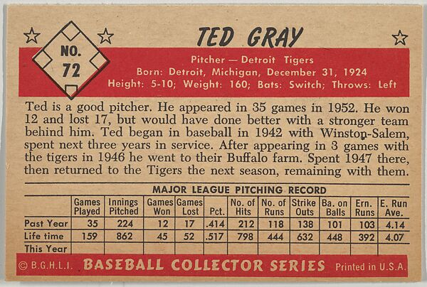 Ted Gray, Pitcher, Detroit Tigers, from Collector Series, Colors set, series 7 (R406-7) issued by Bowman Gum, Issued by Bowman Gum Company, Commercial color lithograph