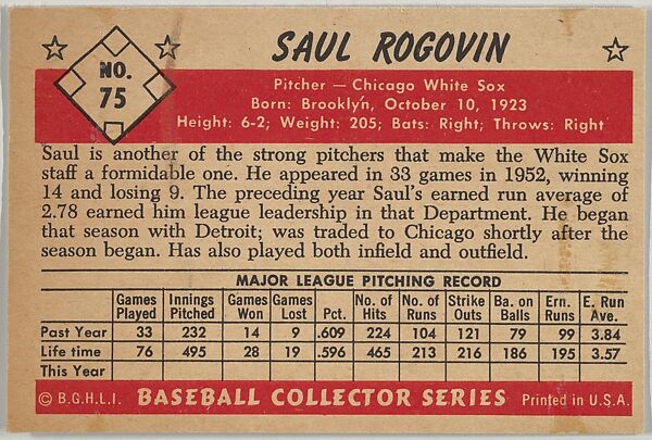 Saul Rogovin, Pitcher, Chicago White Sox, from Collector Series, Colors set, series 7 (R406-7) issued by Bowman Gum, Issued by Bowman Gum Company, Commercial color lithograph