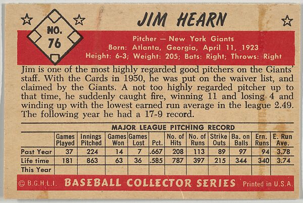 Jim Hearn, Pitcher, New York Giatns, from Collector Series, Colors set, series 7 (R406-7) issued by Bowman Gum, Issued by Bowman Gum Company, Commercial color lithograph