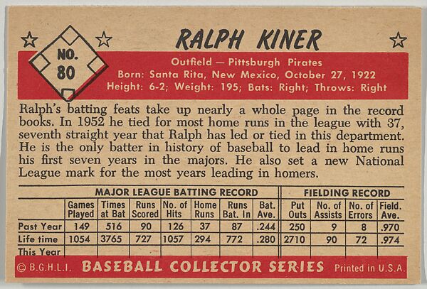 Ralph Kiner, Outfield, Pittsburgh Pirates, from Collector Series, Colors set, series 7 (R406-7) issued by Bowman Gum, Issued by Bowman Gum Company, Commercial color lithograph