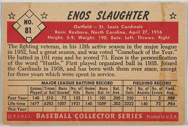 Enos Slaughter, Outfield, St. Louis Cardinals, from Collector Series, Colors set, series 7 (R406-7) issued by Bowman Gum, Issued by Bowman Gum Company, Commercial color lithograph