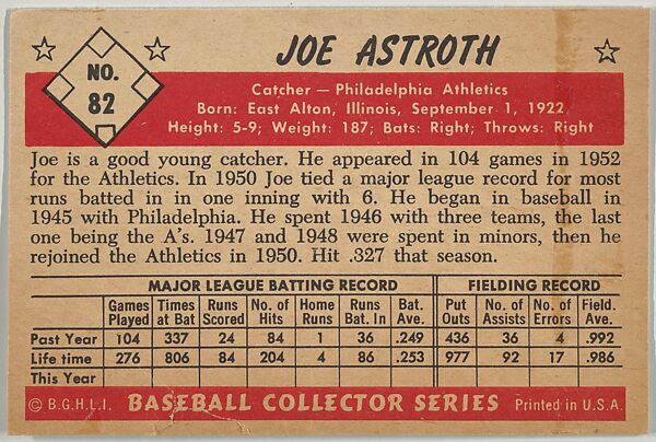 Joe Astroth, Catcher, Philadelphia Athletics, from Collector Series, Colors set, series 7 (R406-7) issued by Bowman Gum, Issued by Bowman Gum Company, Commercial color lithograph