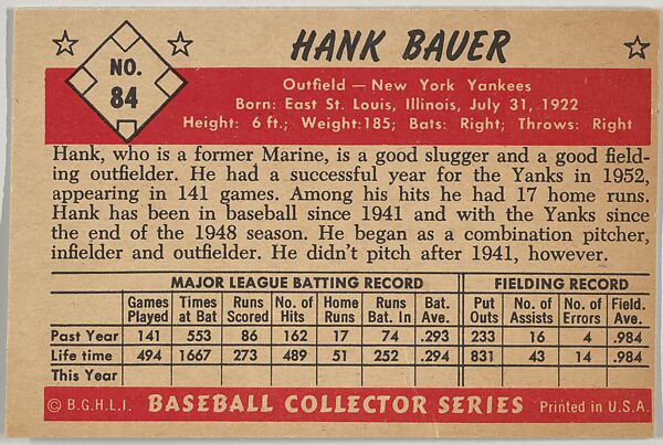 Hank Bauer, Outfield, New York Yankees, from Collector Series, Colors set, series 7 (R406-7) issued by Bowman Gum, Issued by Bowman Gum Company, Commercial color lithograph