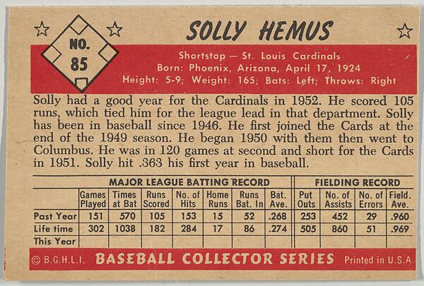 Solly Hemus, Shortstop, St. Louis Cardinals, from Collector Series, Colors set, series 7 (R406-7) issued by Bowman Gum, Issued by Bowman Gum Company, Commercial color lithograph