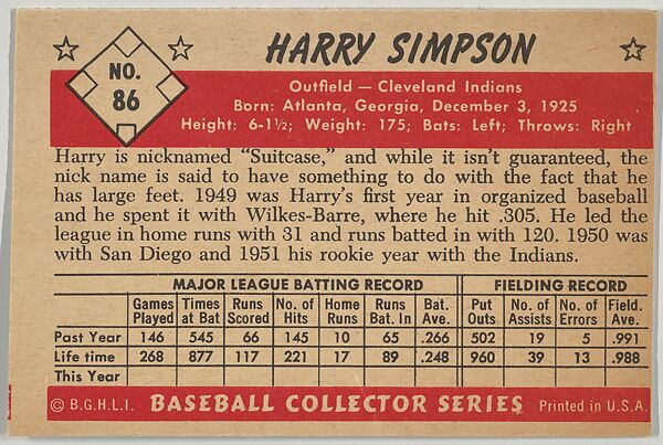 Harry Simpson, Outfield, Cleveland Indians, from Collector Series, Colors set, series 7 (R406-7) issued by Bowman Gum, Issued by Bowman Gum Company, Commercial color lithograph