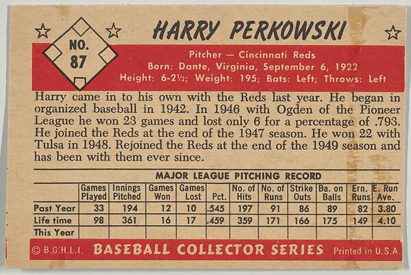 Harry Perkowski, Pitcher, Cincinnati Reds, from Collector Series, Colors set, series 7 (R406-7) issued by Bowman Gum, Issued by Bowman Gum Company, Commercial color lithograph
