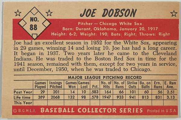 Joe Dobson, Pitcher, Chicago White Sox, from Collector Series, Colors set, series 7 (R406-7) issued by Bowman Gum, Issued by Bowman Gum Company, Commercial color lithograph