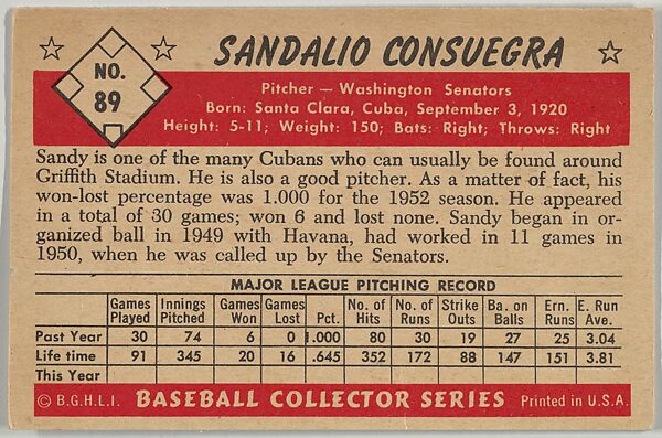 Sandalio Consuergra, Pitcher, Washington Senators, from Collector Series, Colors set, series 7 (R406-7) issued by Bowman Gum, Issued by Bowman Gum Company, Commercial color lithograph
