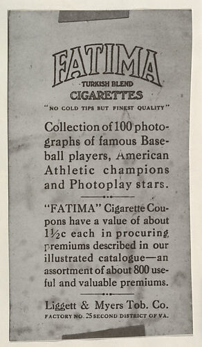 Facsimile of trade card verso, from the Famous Baseball Players, Champion Athletes, and Photo Play Stars, issued by Fatima Turkish Blend Cigarettes