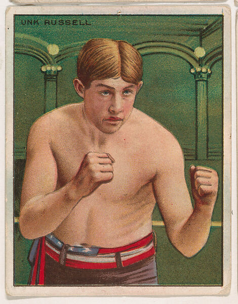 Unk Russell, from the Champion Pugilists series (T219), issued by Mecca and Hassan Cigarettes, Issued by Mecca Cigarettes (American), Commercial color lithograph 