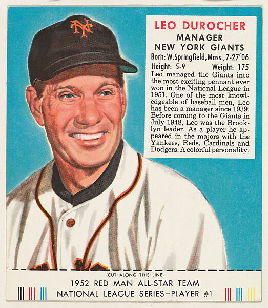 Leo Durocher, from the Red Man All-Star Team series (T232), issued by Red Man Chewing Tobacco, Issued by Red Man Chewing Tobacco (American), Commercial color lithograph 