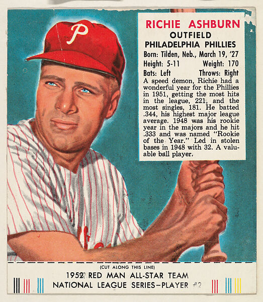 Richie Ashburn, from the Red Man All-Star Team series (T232), issued by Red Man Chewing Tobacco, Issued by Red Man Chewing Tobacco (American), Commercial color lithograph 