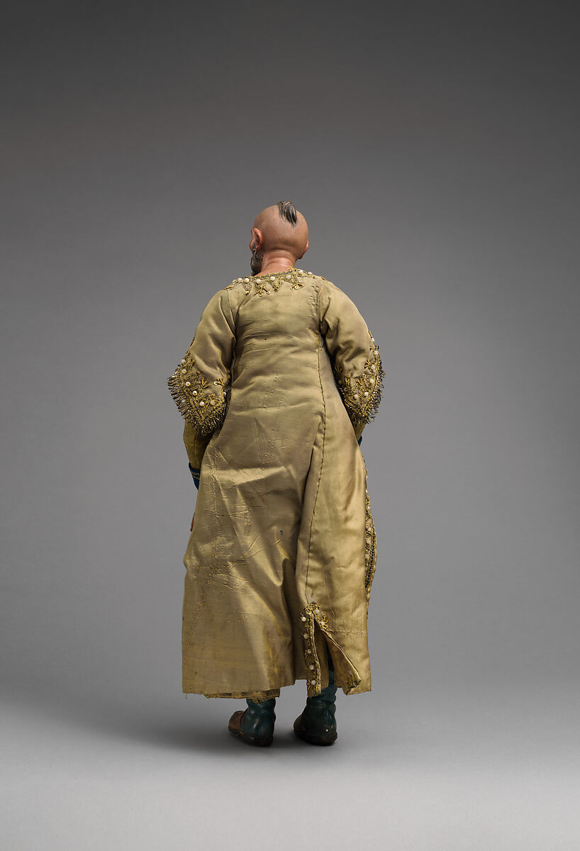 King in gold beaded coat, yellow vest, red pants with silver chest, Mixed media, Italian