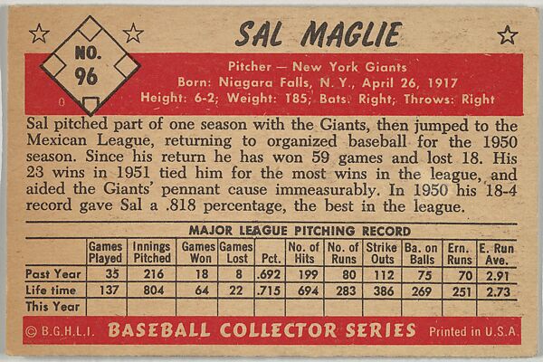 Sal Maglie, Pitcher, New York Giants, from Collector Series, Colors set, series 7 (R406-7) issued by Bowman Gum, Issued by Bowman Gum Company, Commercial color lithograph