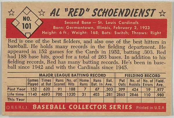 Al "Red" Schoendienst, 2nd Base, St. Louis Cardinals, from Collector Series, Colors set, series 7 (R406-7) issued by Bowman Gum, Issued by Bowman Gum Company, Commercial color lithograph