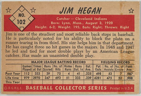 Jim Hegan, Catcher, Cleveland Indians, from Collector Series, Colors set, series 7 (R406-7) issued by Bowman Gum, Issued by Bowman Gum Company, Commercial color lithograph