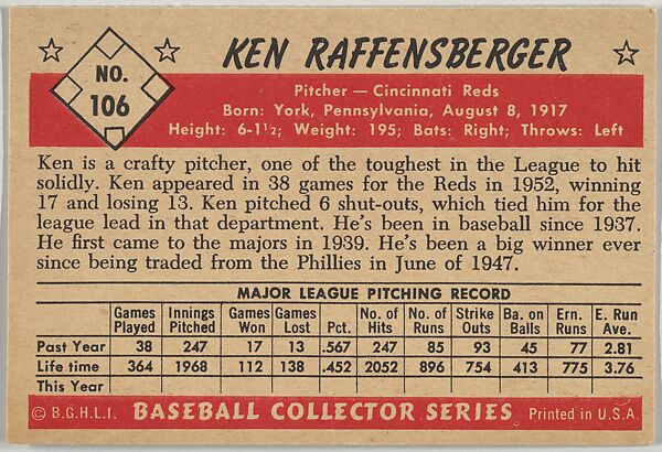 Ken Raffensberger, Pitcher, Cincinnati Reds, from Collector Series, Colors set, series 7 (R406-7) issued by Bowman Gum, Issued by Bowman Gum Company, Commercial color lithograph