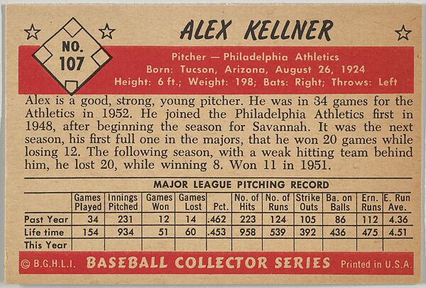 Alex Kellner, Pitcher, Philadelphia Athletics, from Collector Series, Colors set, series 7 (R406-7) issued by Bowman Gum, Issued by Bowman Gum Company, Commercial color lithograph