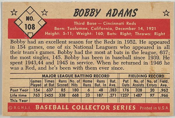 Bobby Adams, 3rd Base, Cincinnati Reds, from Collector Series, Colors set, series 7 (R406-7) issued by Bowman Gum, Issued by Bowman Gum Company, Commercial color lithograph