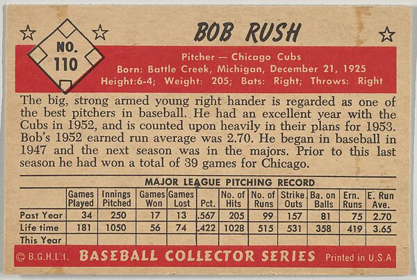 Bob Rush, Pitcher, Chicago Cubs, from Collector Series, Colors set, series 7 (R406-7) issued by Bowman Gum, Issued by Bowman Gum Company, Commercial color lithograph