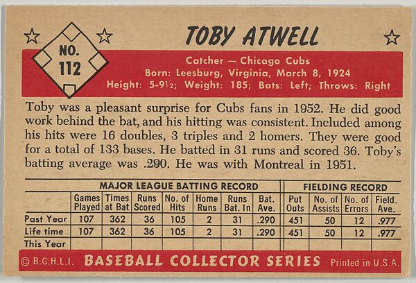 Toby Atwell, Catcher, Chicago Cubs, from Collector Series, Colors set, series 7 (R406-7) issued by Bowman Gum, Issued by Bowman Gum Company, Commercial color lithograph