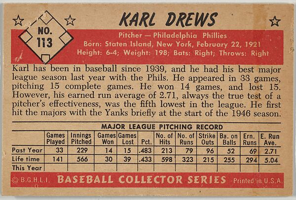 Karl Drews, Pitcher, Philadelphia Phillies, from Collector Series, Colors set, series 7 (R406-7) issued by Bowman Gum, Issued by Bowman Gum Company, Commercial color lithograph