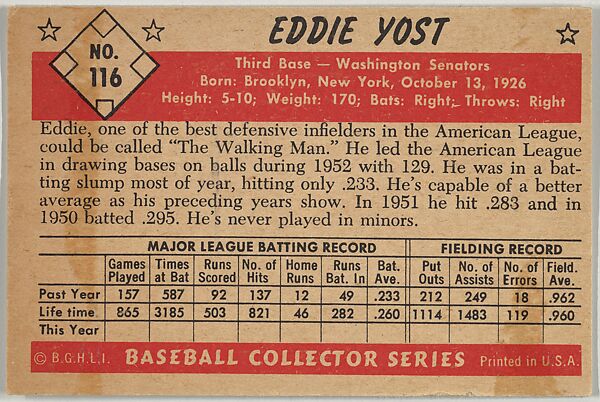 Eddie Yost, 3rd Base, Washintgon Senators, from Collector Series, Colors set, series 7 (R406-7) issued by Bowman Gum, Issued by Bowman Gum Company, Commercial color lithograph